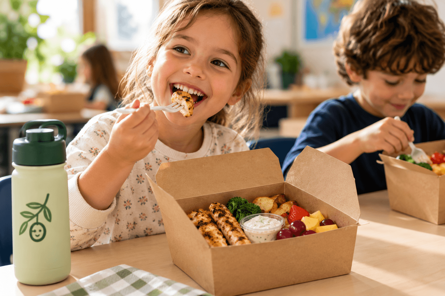 Students eating Medita lunches together in a classroom