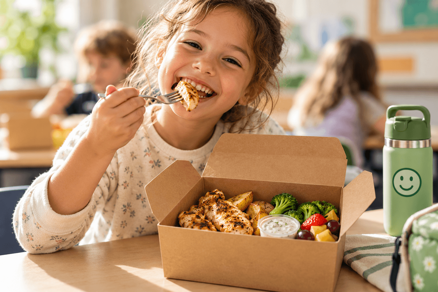 Student enjoying a Medita lunch box of chicken, vegetables and fruit at school
